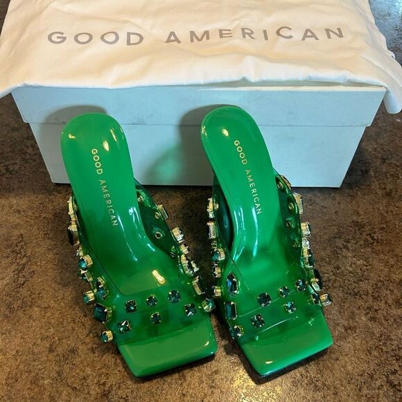 NWT Size 5 Good American Jeweled Emma Slip Heel Summer Green Diamonds - Picture 2 of 13